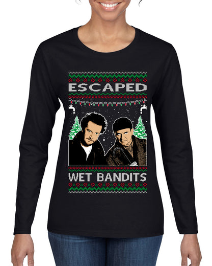 Escaped Bandits Classic Home Holiday Movie, Christmas Gifts, Funny Xmas Gift Idea, Ugly Christmas Sweater Womens Graphic Long Sleeve T-Shirt