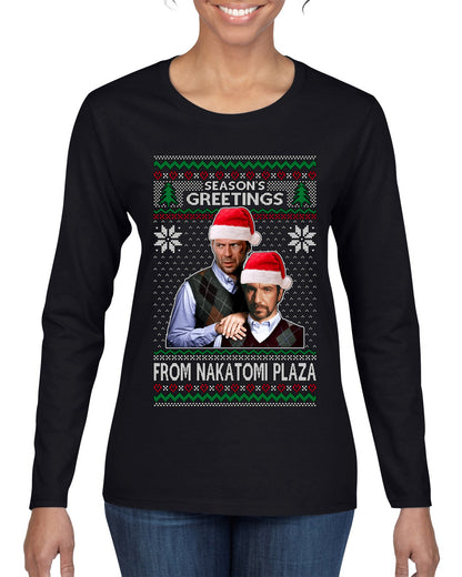 Nakatomi Plaza  Season's Greeting,  Christmas Gifts, Funny Xmas Gift Idea, Ugly Christmas Sweater Womens Graphic Long Sleeve T-Shirt
