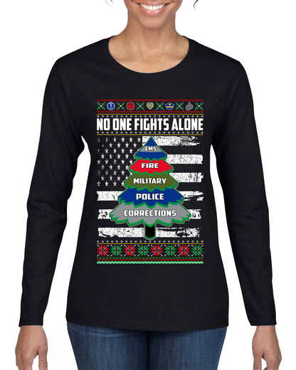 No One Fights Alone, The Heroes,  Christmas Gifts, Funny Xmas Gift Idea, Ugly Christmas Sweater Womens Graphic Long Sleeve T-Shirt