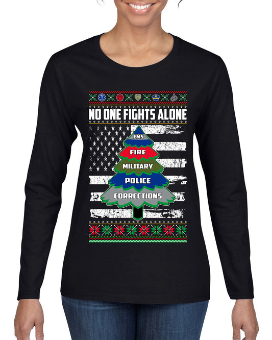 No One Fights Alone, The Heroes,  Christmas Gifts, Funny Xmas Gift Idea, Ugly Christmas Sweater Womens Graphic Long Sleeve T-Shirt