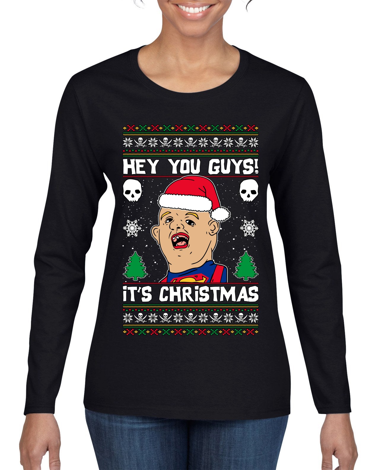 Hey You Guys! It's Sloth Never Say Die, Christmas Gifts, Funny Xmas Gift Idea, Ugly Christmas Sweater Womens Graphic Long Sleeve T-Shirt