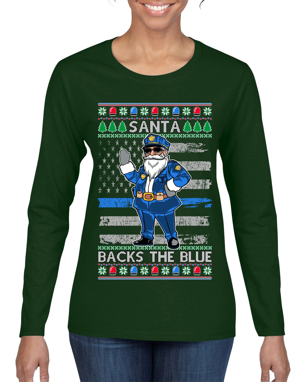 Santa Backs the Blue, Christmas Gifts, Funny Xmas Gift Idea, Ugly Christmas Sweater Womens Graphic Long Sleeve T-Shirt