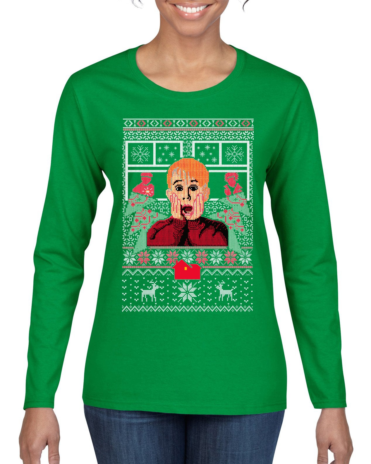 Kevin Merry Xmas Movie Fan, Christmas Gifts, Funny Xmas Gift Idea, Ugly Christmas Sweater Womens Graphic Long Sleeve T-Shirt