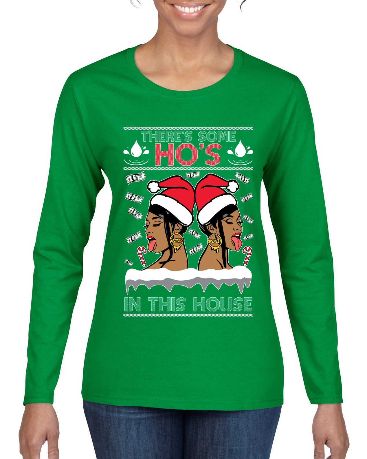 Woman Rapper Ho's In This House, Christmas Gifts, Funny Xmas Gift Idea, Ugly Christmas Sweater Womens Graphic Long Sleeve T-Shirt