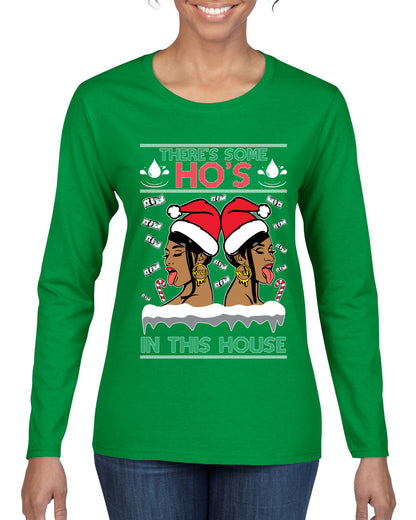 Woman Rapper Ho's In This House, Christmas Gifts, Funny Xmas Gift Idea, Ugly Christmas Sweater Womens Graphic Long Sleeve T-Shirt
