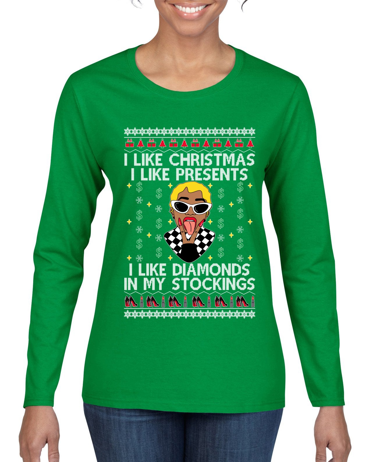 I Like Christmas, I like Presents Cardi, Christmas Gifts, Funny Xmas Gift Idea, Ugly Christmas Sweater Womens Graphic Long Sleeve T-Shirt