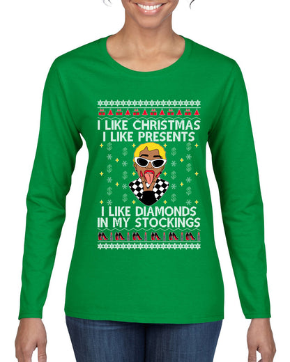 I Like Christmas, I like Presents Cardi, Christmas Gifts, Funny Xmas Gift Idea, Ugly Christmas Sweater Womens Graphic Long Sleeve T-Shirt