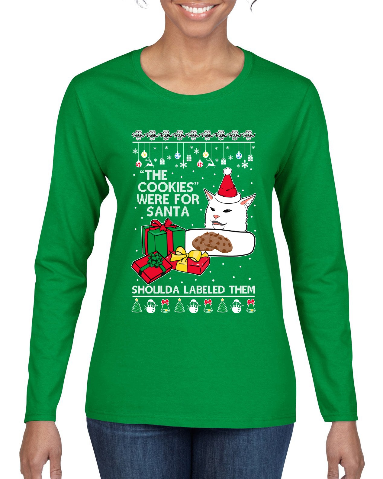 Cat Meme The Cookies Were For Santa Cute Xmas Meme, Christmas Gifts, Funny Xmas Gift Idea, Ugly Christmas Sweater Womens Graphic Long Sleeve T-Shirt