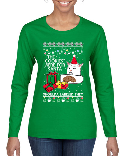 Cat Meme The Cookies Were For Santa Cute Xmas Meme, Christmas Gifts, Funny Xmas Gift Idea, Ugly Christmas Sweater Womens Graphic Long Sleeve T-Shirt