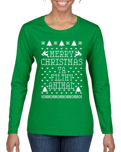 Merry Xmas You Filthy Animal, Christmas Gifts, Funny Xmas Gift Idea, Ugly Christmas Sweater Womens Graphic Long Sleeve T-Shirt