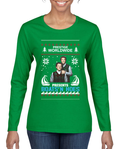 Prestige Worldwide Boats N' Hoes Step Brothers, Christmas Gifts, Funny Xmas Gift Idea, Ugly Christmas Sweater Womens Graphic Long Sleeve T-Shirt