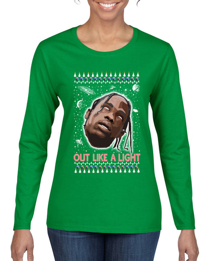 Out Like a Light, Christmas Gifts, Funny Xmas Gift Idea, Ugly Christmas Sweater Womens Graphic Long Sleeve T-Shirt