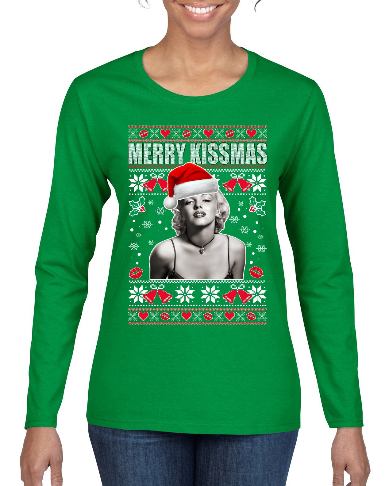 Merry Kissmas Marilyn Monroe, Christmas Gifts, Funny Xmas Gift Idea, Ugly Christmas Sweater Womens Graphic Long Sleeve T-Shirt