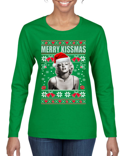 Merry Kissmas Marilyn Monroe, Christmas Gifts, Funny Xmas Gift Idea, Ugly Christmas Sweater Womens Graphic Long Sleeve T-Shirt