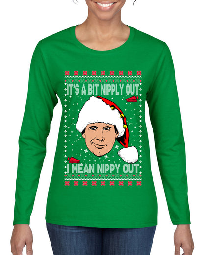 Clark G It's A Bit Nipply Out, Christmas Gifts, Funny Xmas Gift Idea, Ugly Christmas Sweater Womens Graphic Long Sleeve T-Shirt