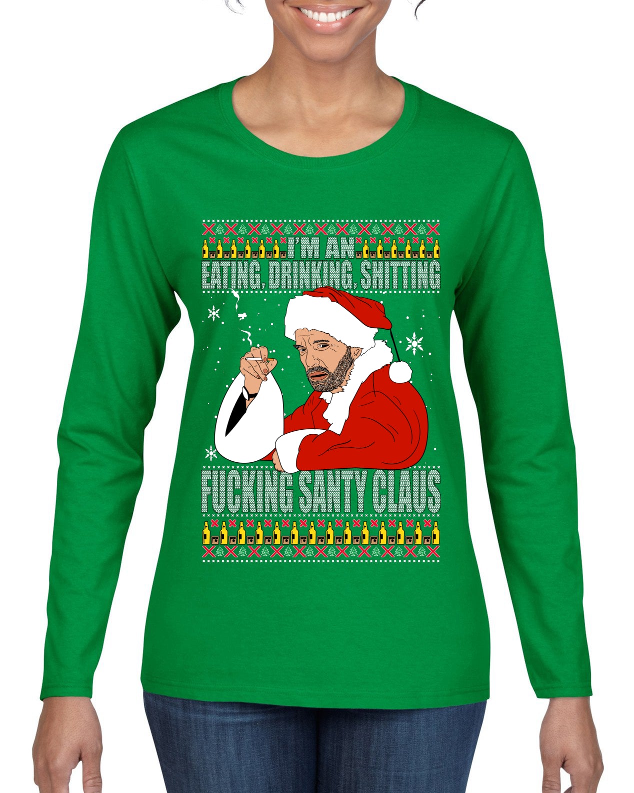Bad Santa Fucking Santy Claus, Christmas Gifts, Funny Xmas Gift Idea, Ugly Christmas Sweater Womens Graphic Long Sleeve T-Shirt