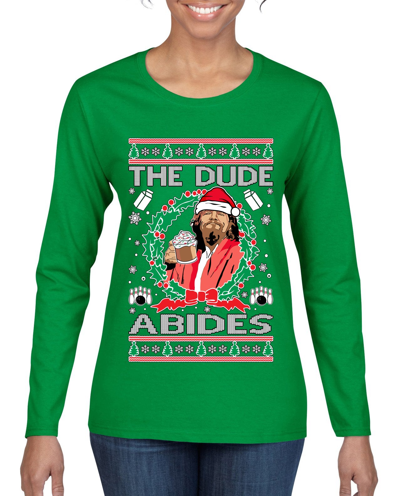 Big Lebowski - The Dude Abides, Christmas Gifts, Funny Xmas Gift Idea, Ugly Christmas Sweater Womens Graphic Long Sleeve T-Shirt