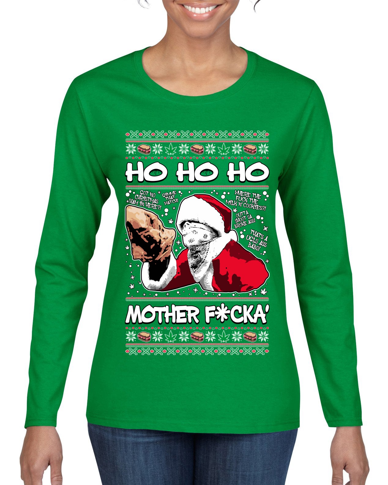 Friday Hood Santa , Merry Christmas Tee, Ugly Christmas,  Sweater Womens Graphic Long Sleeve T-Shirt