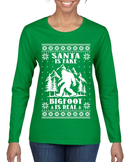 Santa Is Fake Bigfoot Is Real ,Christmas Gifts, Funny Xmas Gift Idea, Ugly Christmas Sweater Womens Graphic Long Sleeve T-Shirt