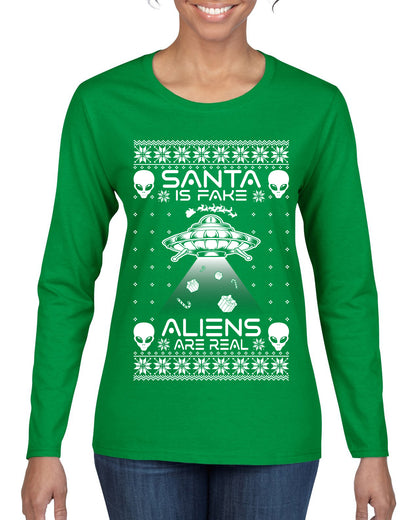Santa Is Fake Aliens Are Real ,Christmas Gifts, Funny Xmas Gift Idea, Ugly Christmas Sweater Womens Graphic Long Sleeve T-Shirt