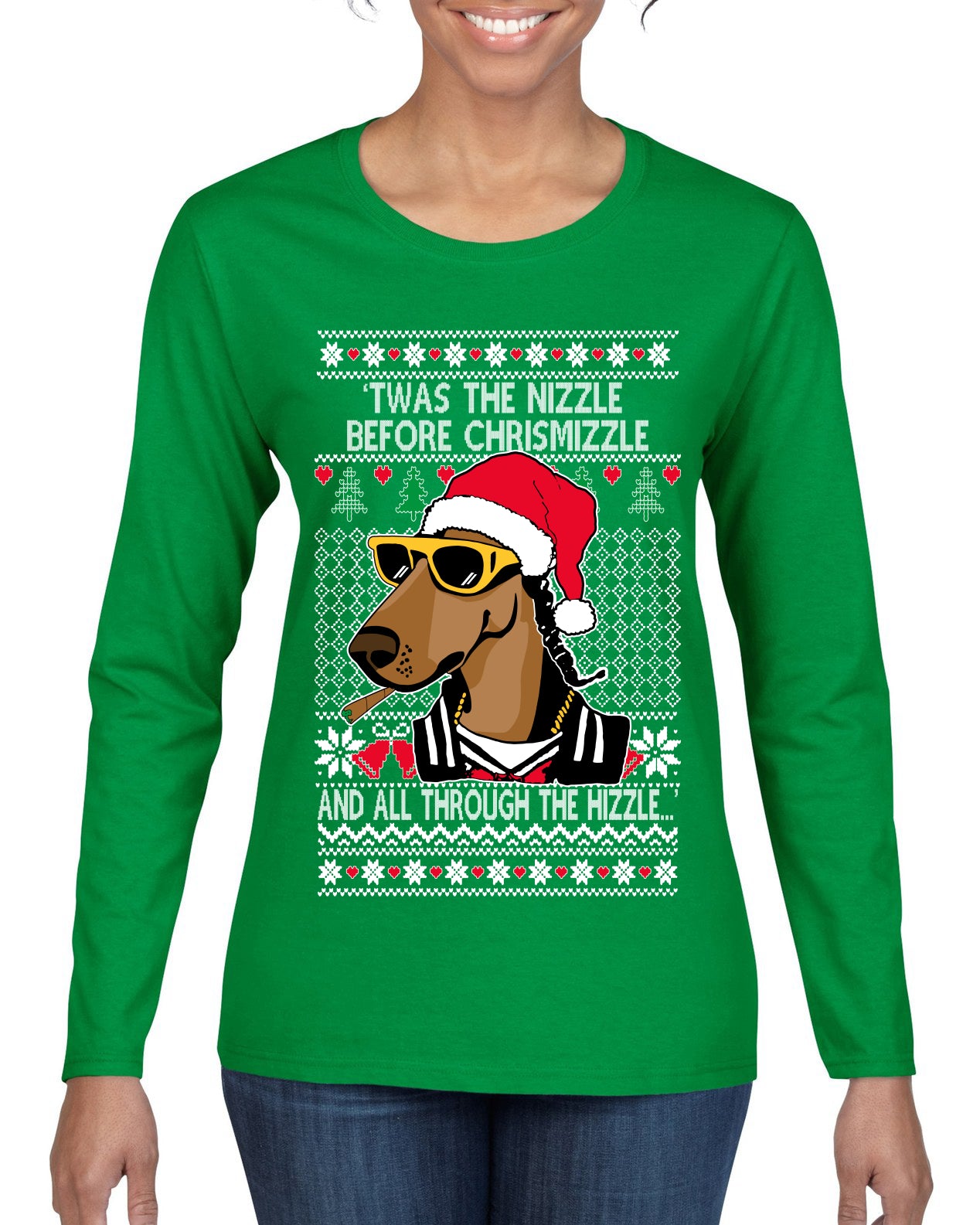 Twas The Nizzle Before Chrismizzle Gangster Dogg Rapper, Christmas Gifts, Funny Xmas Gift Idea, Ugly Christmas Sweater Womens Graphic Long Sleeve T-Shirt