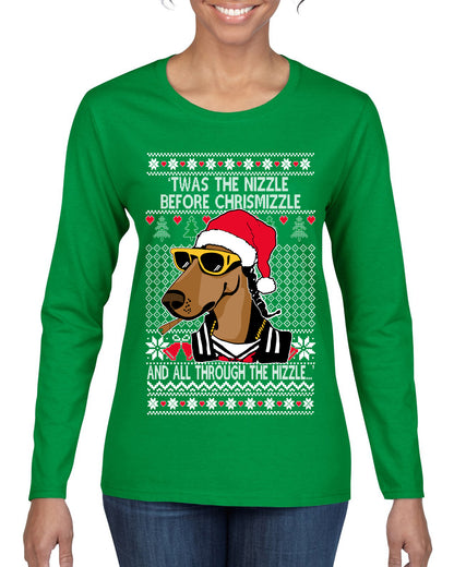 Twas The Nizzle Before Chrismizzle Gangster Dogg Rapper, Christmas Gifts, Funny Xmas Gift Idea, Ugly Christmas Sweater Womens Graphic Long Sleeve T-Shirt