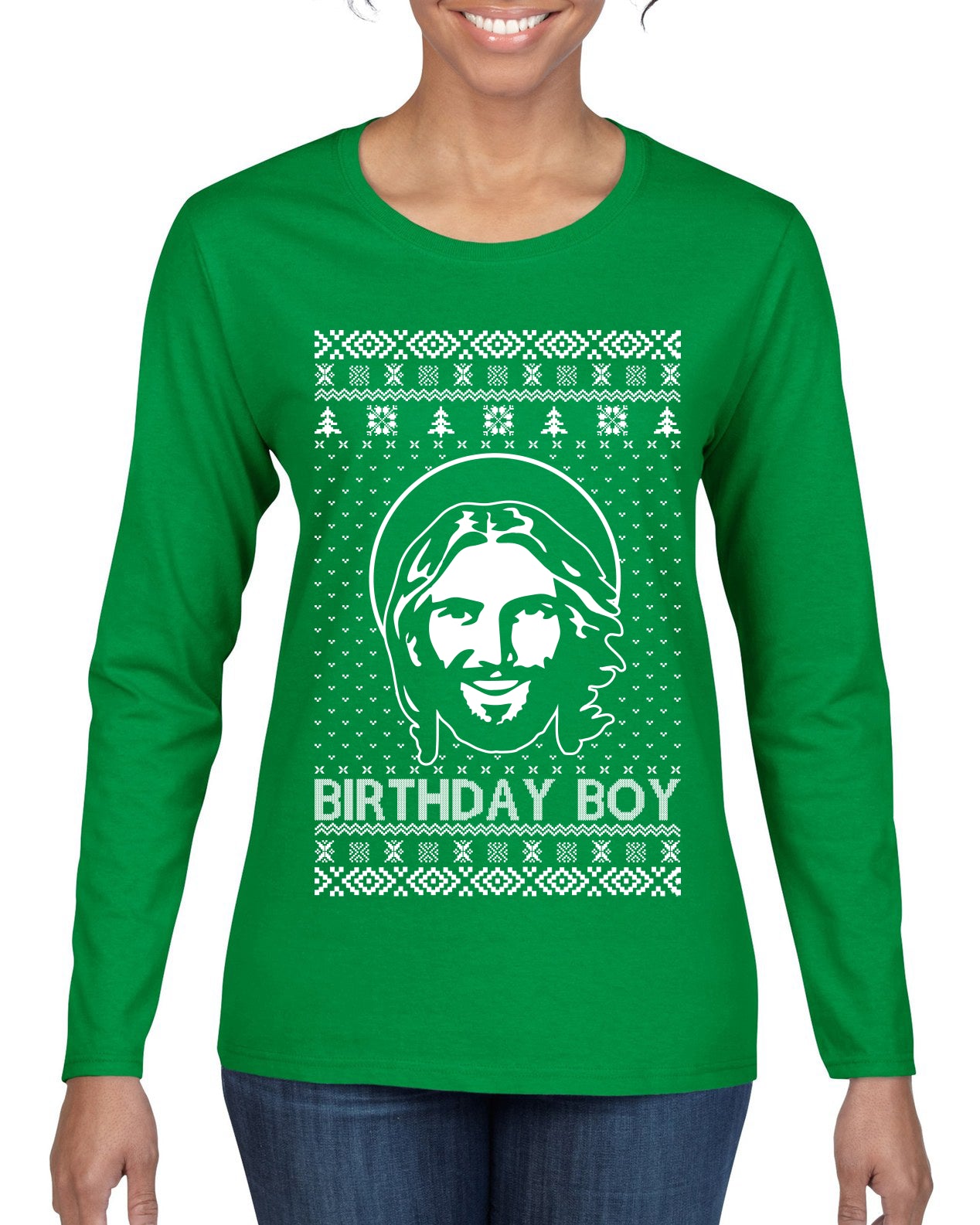 Birthday Boy Jesus Christ, Christmas Gifts, Funny Xmas Gift Idea, Ugly Christmas Sweater Womens Graphic Long Sleeve T-Shirt