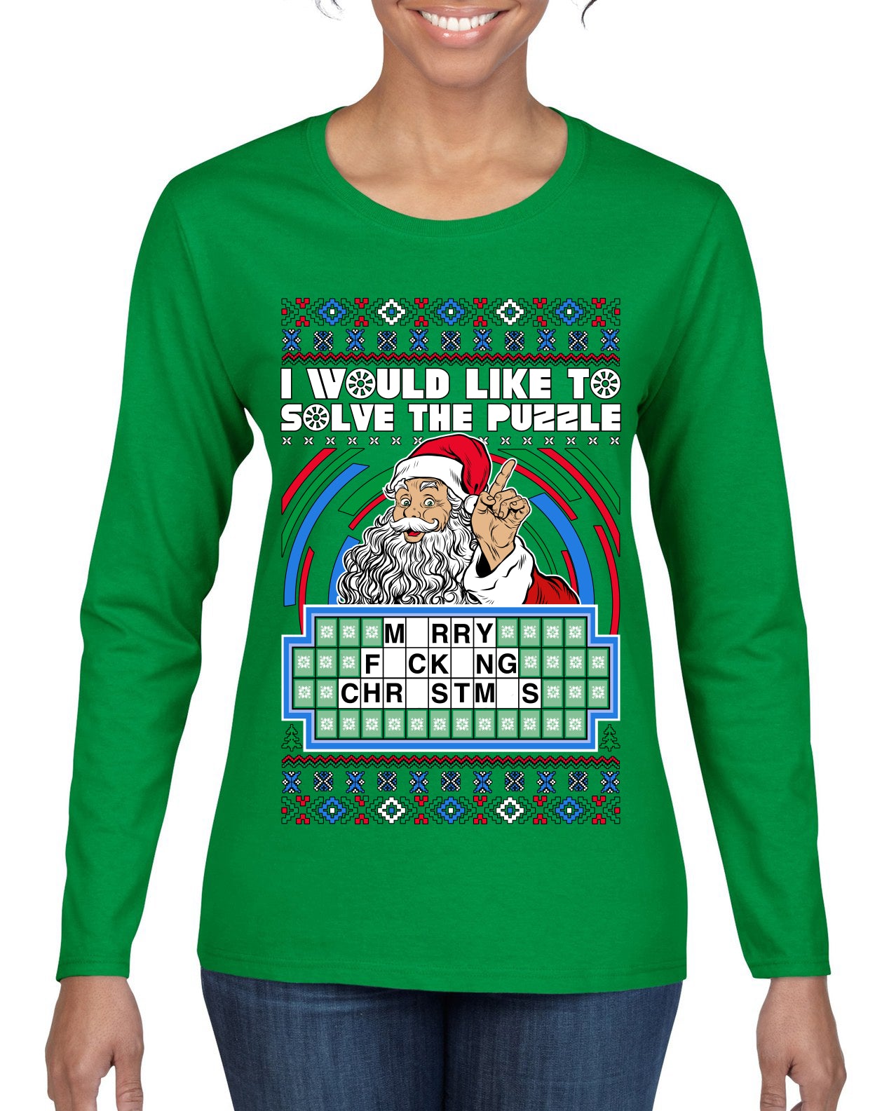 Santa Game Show I'd Like To Solve the Puzzle Wheel Ugly Christmas Sweater, Christmas Gifts, Funny Xmas Gift Idea, Womens Graphic Long Sleeve T-Shirt