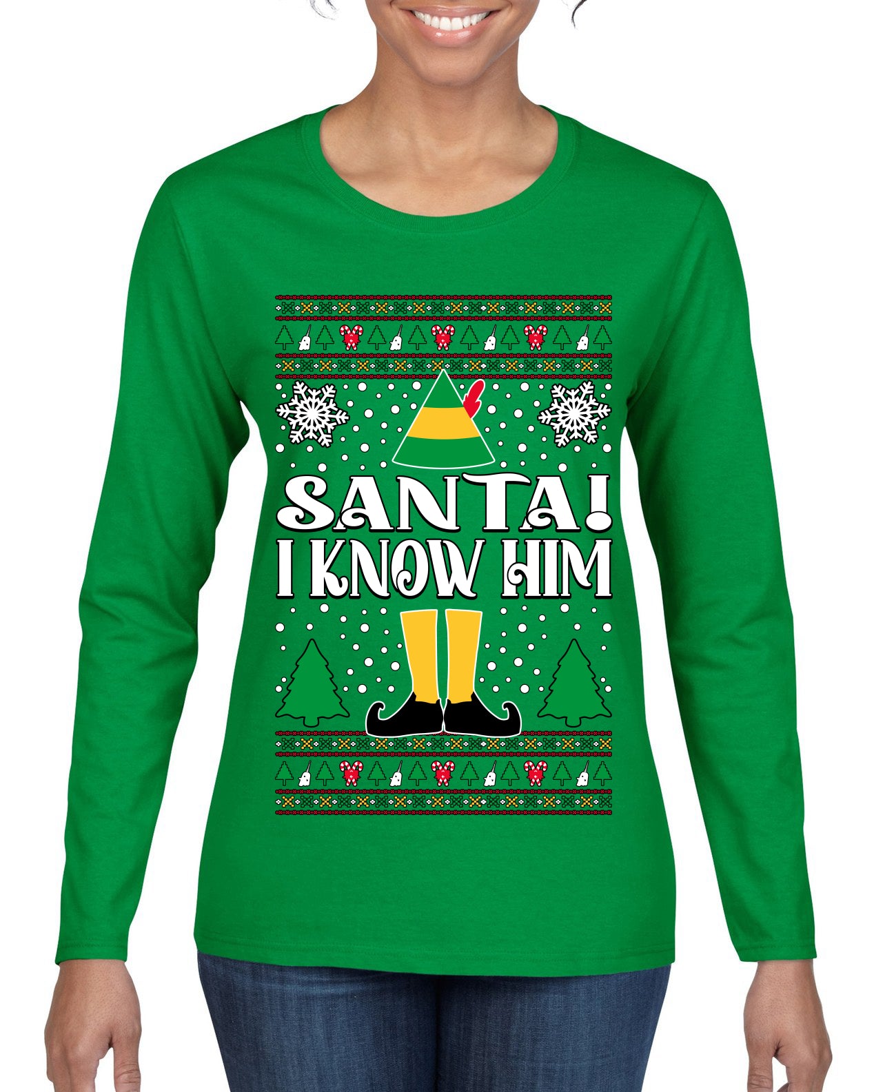 Santa! I Know Him Christmas Movie Quote , Christmas Gifts, Funny Xmas Gift Idea, Ugly Christmas Sweater Womens Graphic Long Sleeve T-Shirt