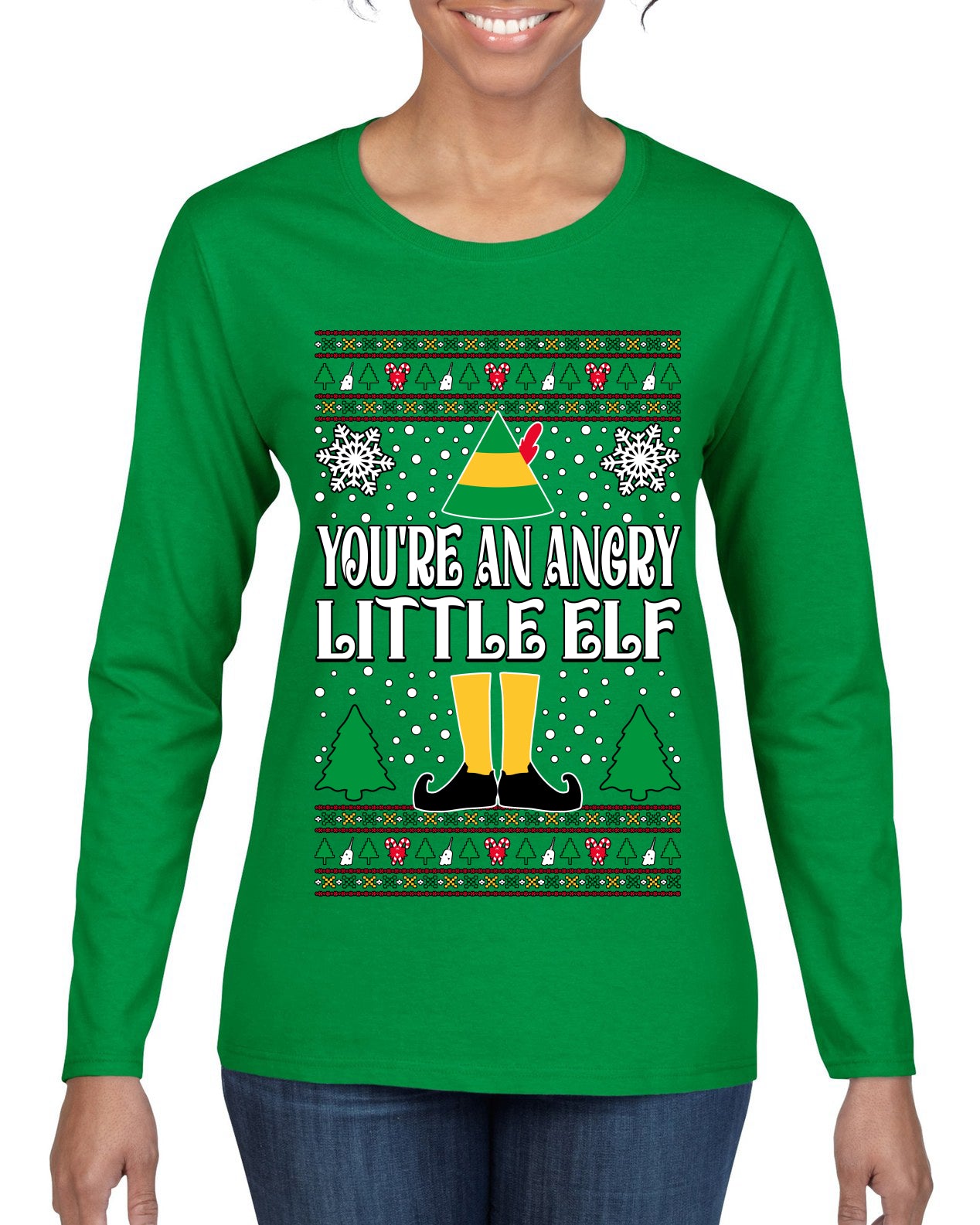 You're An Angry Little Elf Christmas Movie Quote, Christmas Gifts, Funny Xmas Gift Idea, Ugly Christmas Sweater Womens Graphic Long Sleeve T-Shirt