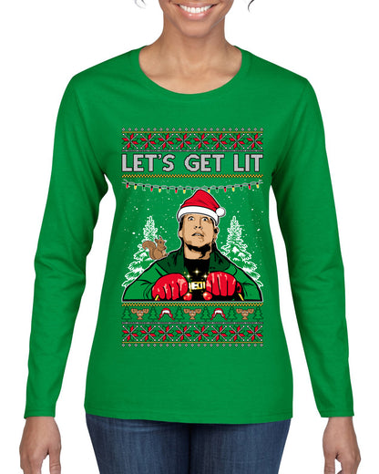 Let's Get Lit Clark Vacation Movie Parody Ugly Christmas Sweater, Christmas Gifts, Funny Xmas Gift Idea, Womens Graphic Long Sleeve T-Shirt