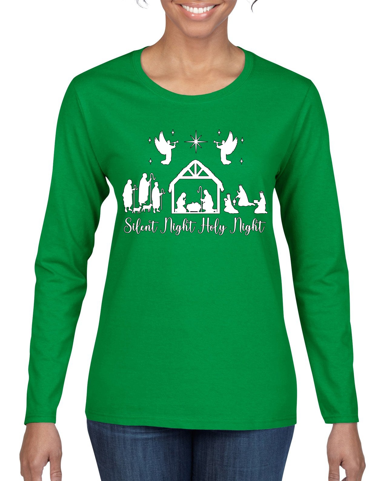Silent Night Holy Night Religious Jesus Ugly Christmas Sweater, Christmas Gifts, Funny Xmas Gift Idea, Womens Graphic Long Sleeve T-Shirt