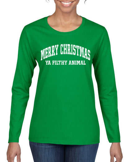 Vintage Movie Quote Merry Christmas Filthy Animal, Christmas Gifts, Funny Xmas Gift Idea, Ugly Christmas Sweater Womens Graphic Long Sleeve T-Shirt