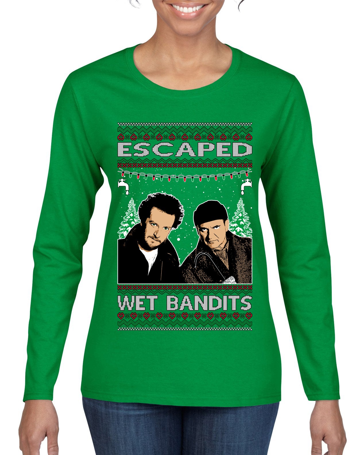 Escaped Bandits Classic Home Holiday Movie, Christmas Gifts, Funny Xmas Gift Idea, Ugly Christmas Sweater Womens Graphic Long Sleeve T-Shirt