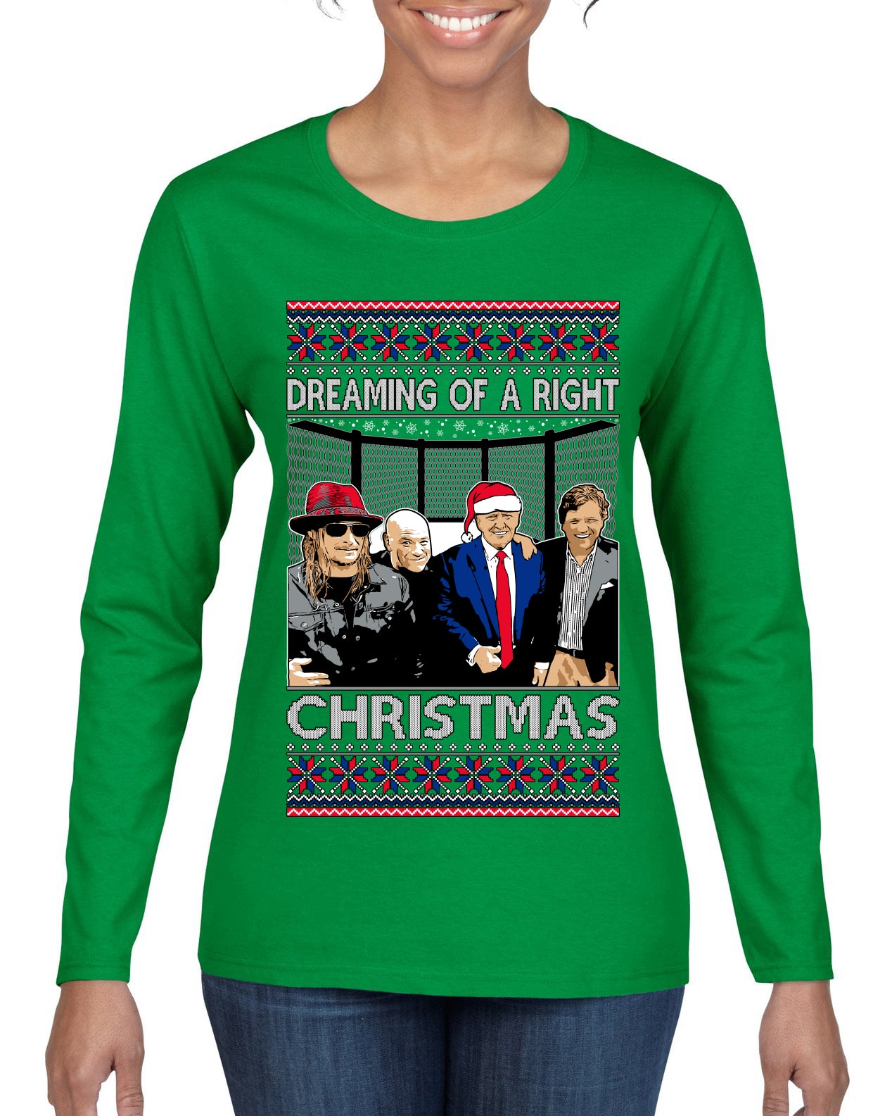 Dreaming Of A Right Christmas, Trump 2024 ,  , Christmas Gifts, Funny Xmas Gift Idea, Ugly Christmas Sweater Womens Graphic Long Sleeve T-Shirt