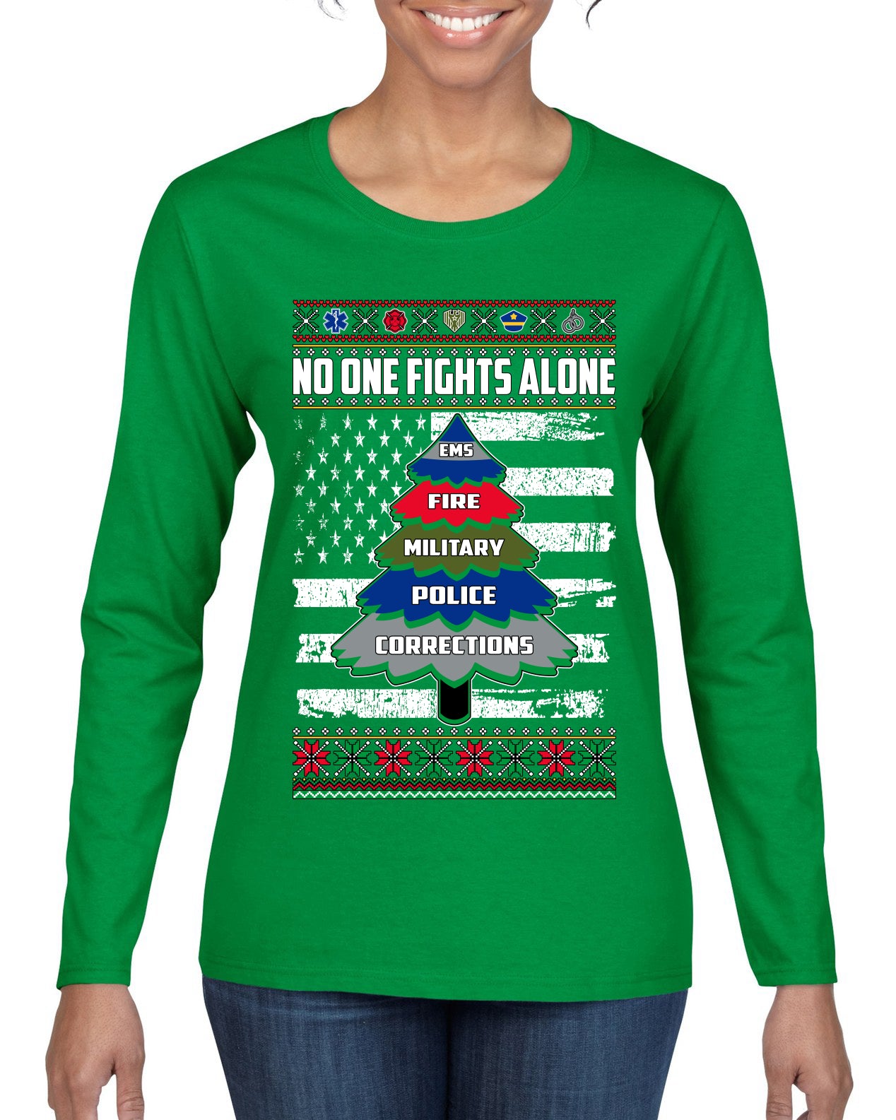 No One Fights Alone, The Heroes,  Christmas Gifts, Funny Xmas Gift Idea, Ugly Christmas Sweater Womens Graphic Long Sleeve T-Shirt