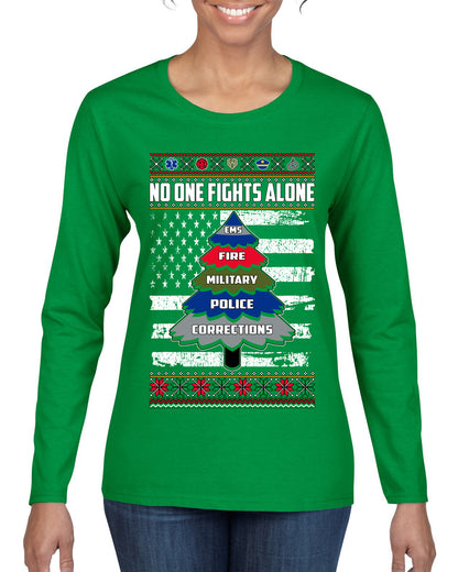 No One Fights Alone, The Heroes,  Christmas Gifts, Funny Xmas Gift Idea, Ugly Christmas Sweater Womens Graphic Long Sleeve T-Shirt