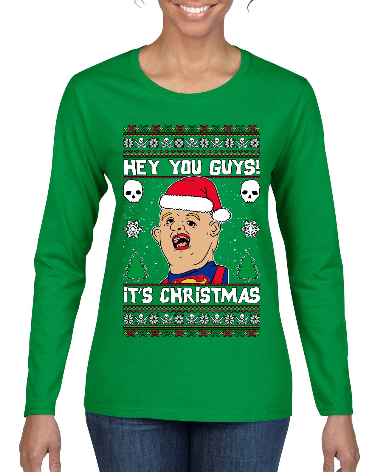 Hey You Guys! It's Sloth Never Say Die, Christmas Gifts, Funny Xmas Gift Idea, Ugly Christmas Sweater Womens Graphic Long Sleeve T-Shirt