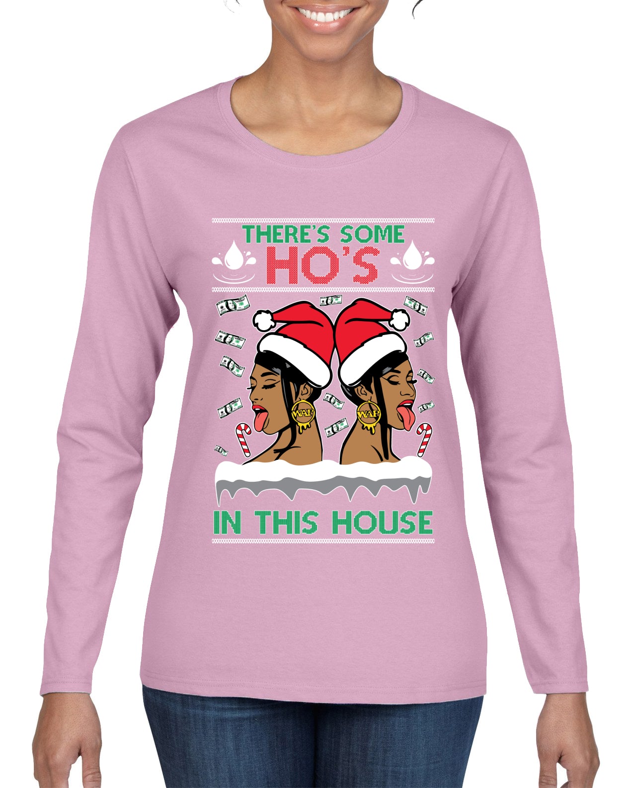 Woman Rapper Ho's In This House, Christmas Gifts, Funny Xmas Gift Idea, Ugly Christmas Sweater Womens Graphic Long Sleeve T-Shirt
