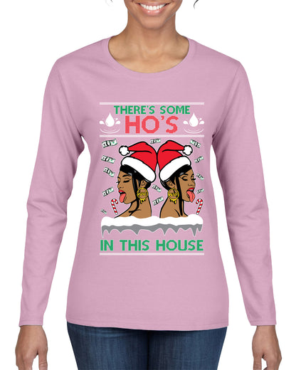 Woman Rapper Ho's In This House, Christmas Gifts, Funny Xmas Gift Idea, Ugly Christmas Sweater Womens Graphic Long Sleeve T-Shirt