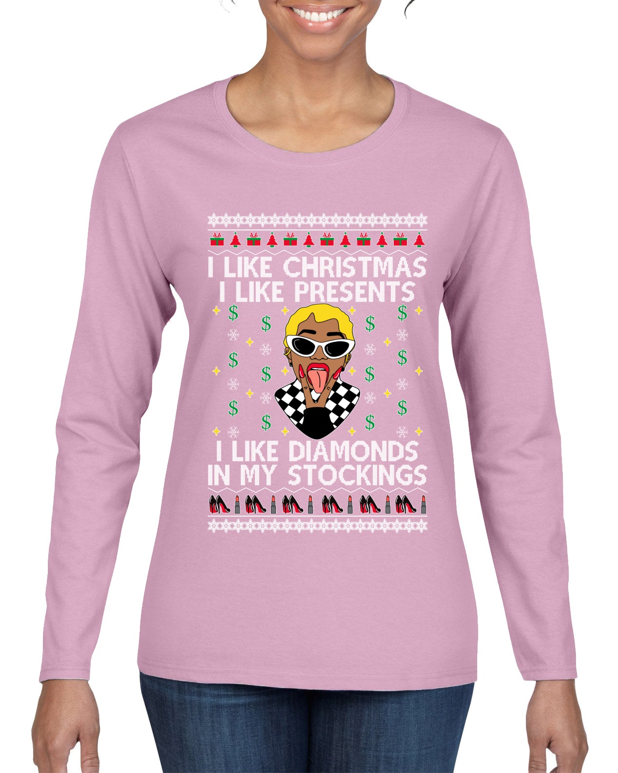 I Like Christmas, I like Presents Cardi, Christmas Gifts, Funny Xmas Gift Idea, Ugly Christmas Sweater Womens Graphic Long Sleeve T-Shirt