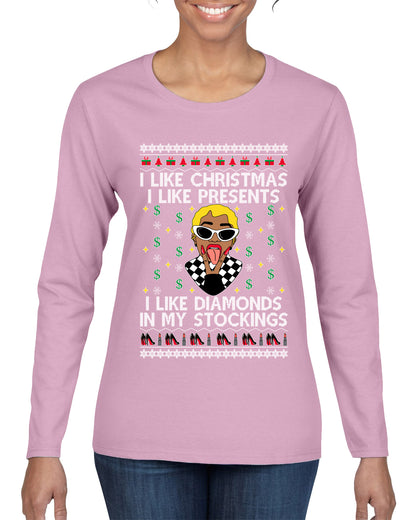 I Like Christmas, I like Presents Cardi, Christmas Gifts, Funny Xmas Gift Idea, Ugly Christmas Sweater Womens Graphic Long Sleeve T-Shirt