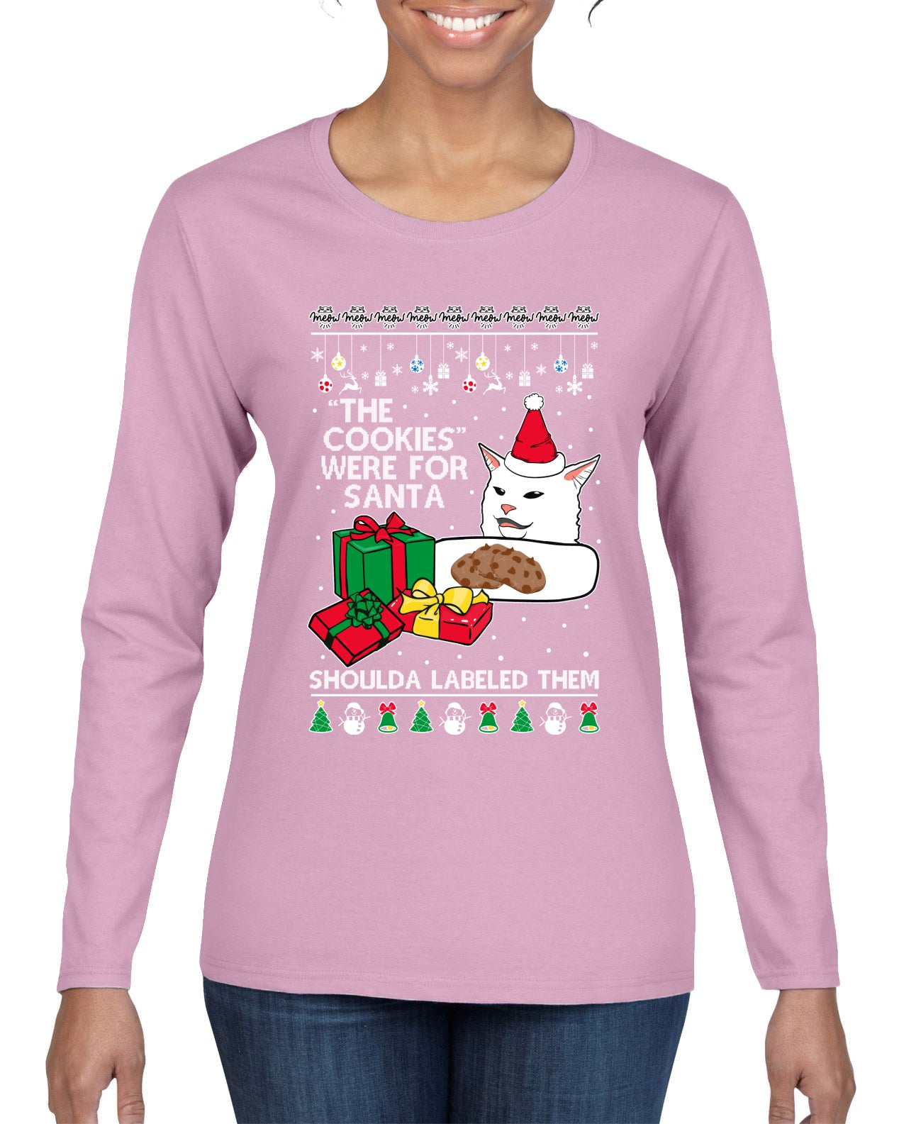 Cat Meme The Cookies Were For Santa Cute Xmas Meme, Christmas Gifts, Funny Xmas Gift Idea, Ugly Christmas Sweater Womens Graphic Long Sleeve T-Shirt