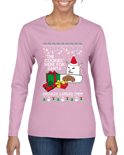 Cat Meme The Cookies Were For Santa Cute Xmas Meme, Christmas Gifts, Funny Xmas Gift Idea, Ugly Christmas Sweater Womens Graphic Long Sleeve T-Shirt