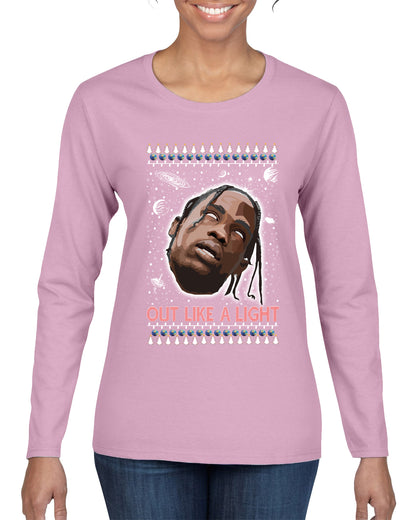 Out Like a Light, Christmas Gifts, Funny Xmas Gift Idea, Ugly Christmas Sweater Womens Graphic Long Sleeve T-Shirt