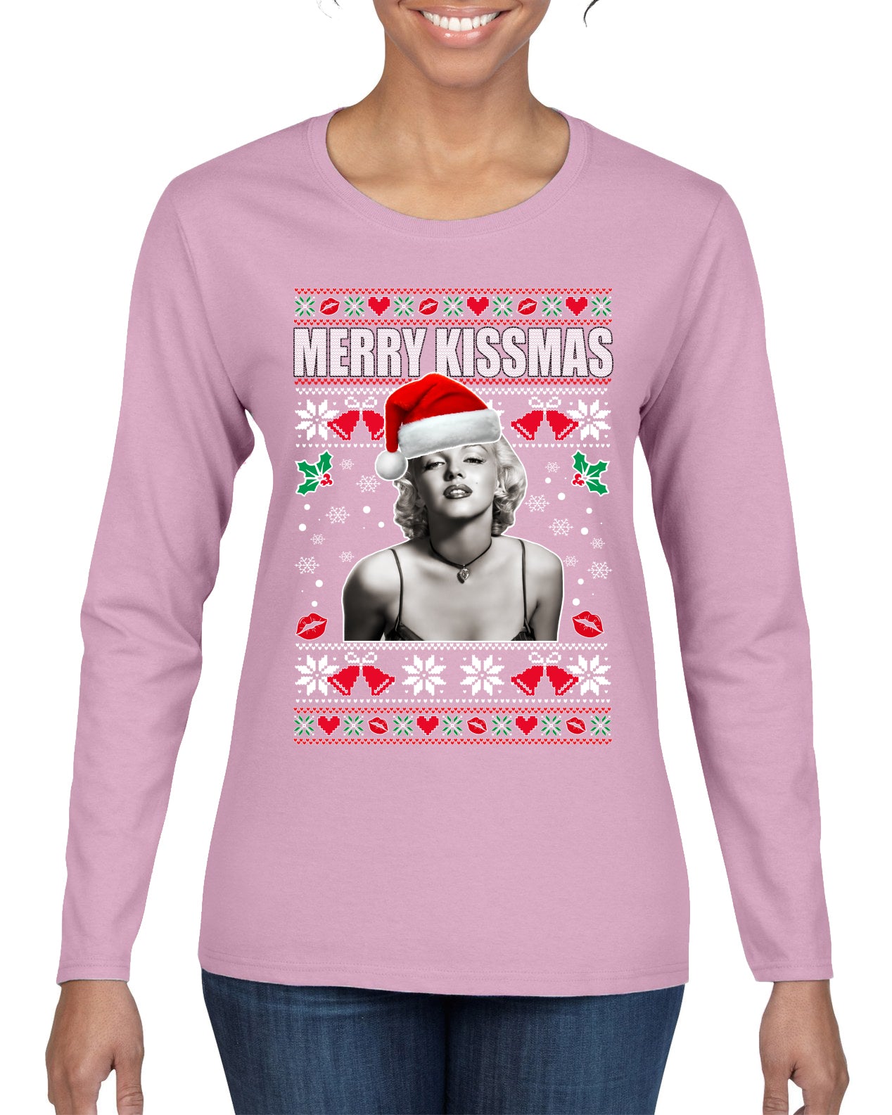 Merry Kissmas Marilyn Monroe, Christmas Gifts, Funny Xmas Gift Idea, Ugly Christmas Sweater Womens Graphic Long Sleeve T-Shirt