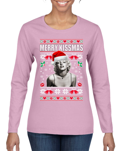 Merry Kissmas Marilyn Monroe, Christmas Gifts, Funny Xmas Gift Idea, Ugly Christmas Sweater Womens Graphic Long Sleeve T-Shirt