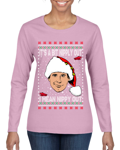 Clark G It's A Bit Nipply Out, Christmas Gifts, Funny Xmas Gift Idea, Ugly Christmas Sweater Womens Graphic Long Sleeve T-Shirt