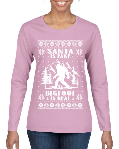 Santa Is Fake Bigfoot Is Real ,Christmas Gifts, Funny Xmas Gift Idea, Ugly Christmas Sweater Womens Graphic Long Sleeve T-Shirt