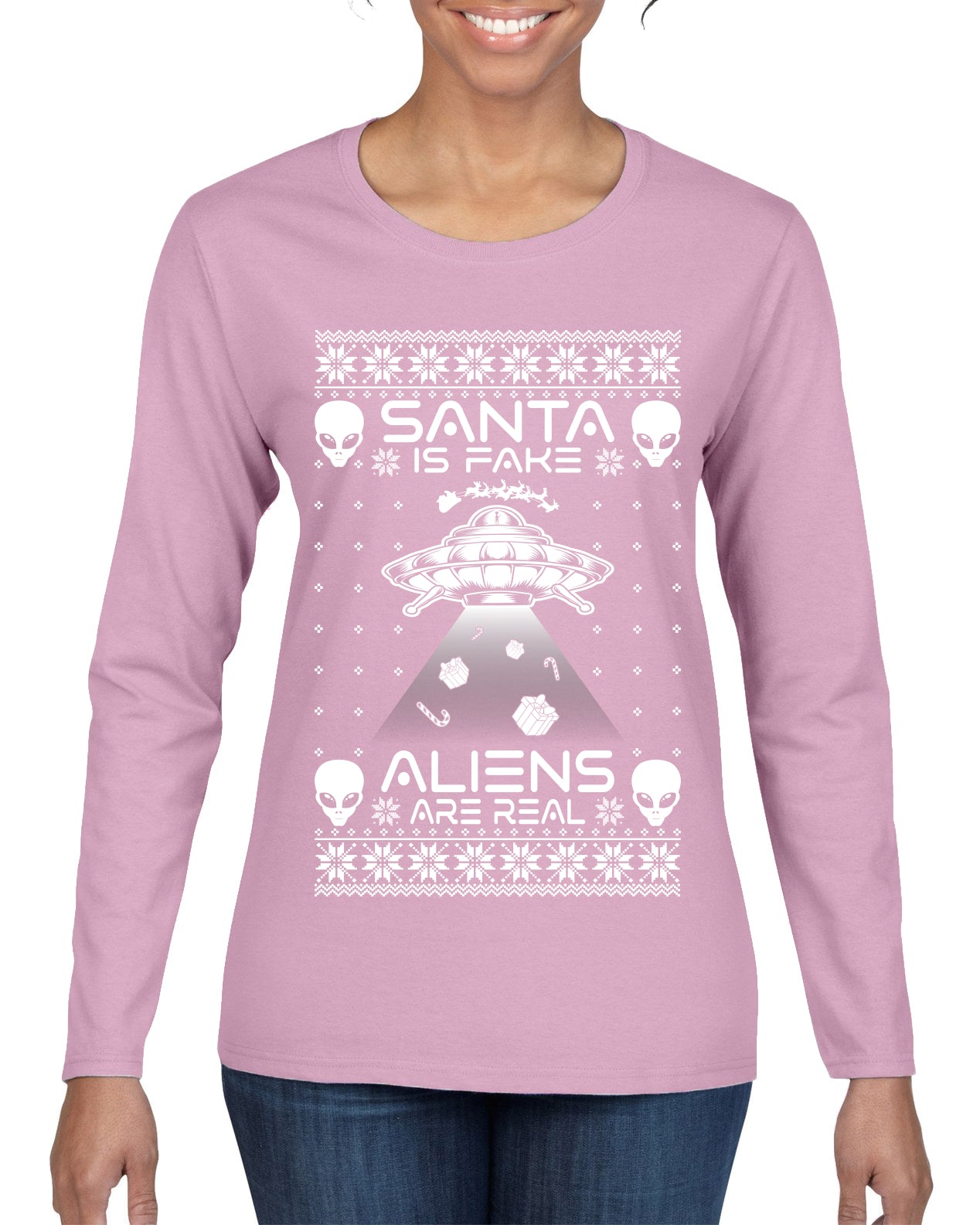 Santa Is Fake Aliens Are Real ,Christmas Gifts, Funny Xmas Gift Idea, Ugly Christmas Sweater Womens Graphic Long Sleeve T-Shirt